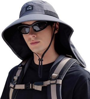 Outdoor Sun Hat for Men Women, UPF50+ Protection Safari Cap Wide Brim Mesh Fishing Hat with Neck Flap Beach Garden